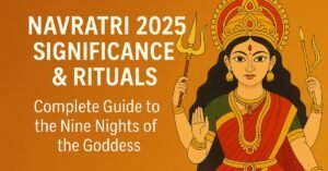Navratri 2025 Significance & Rituals – Goddess Durga illustration with festival guide text