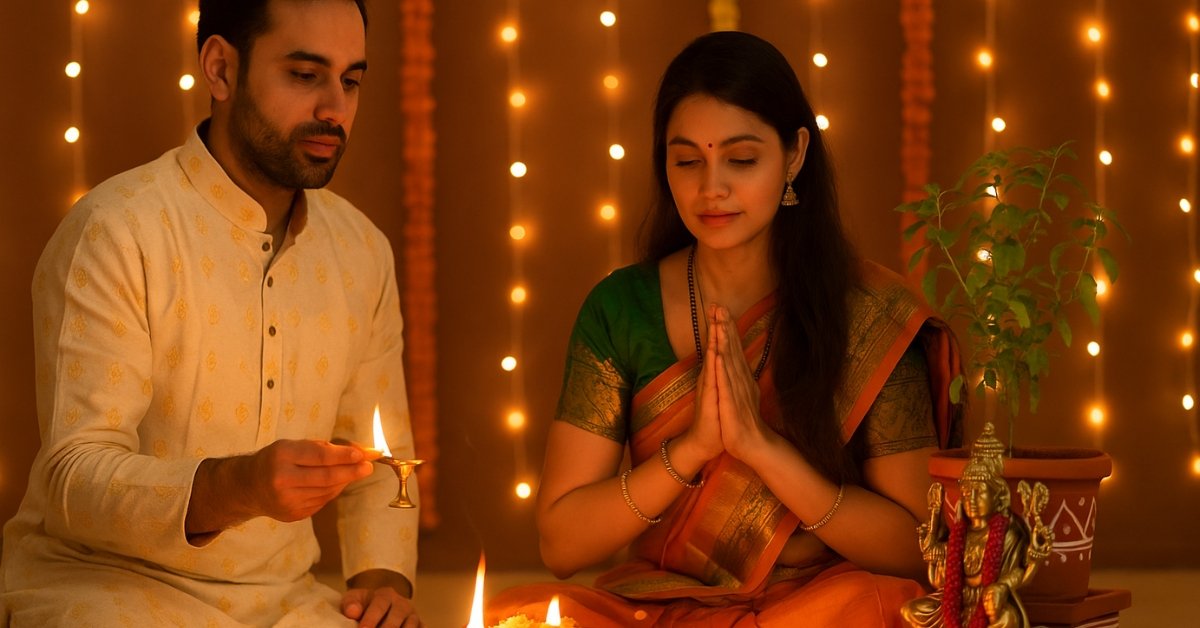 A Hindu couple performing Prabodhini Ekadashi 2025 puja with Tulsi Vivah, diyas, and Vishnu idol in the background.