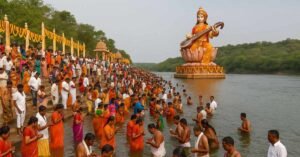 Devotees taking a holy dip during Saraswati Pushkaram 2025 at Kaleshwaram Triveni Sangam