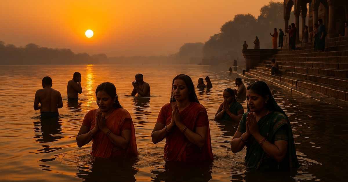 Devotees in holy dip at Yamuna Pushkaram 2026 riverbank