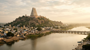 Madapati Choultry Vijayawada area with Kanaka Durga Temple on Indrakeeladri hill by the Krishna River