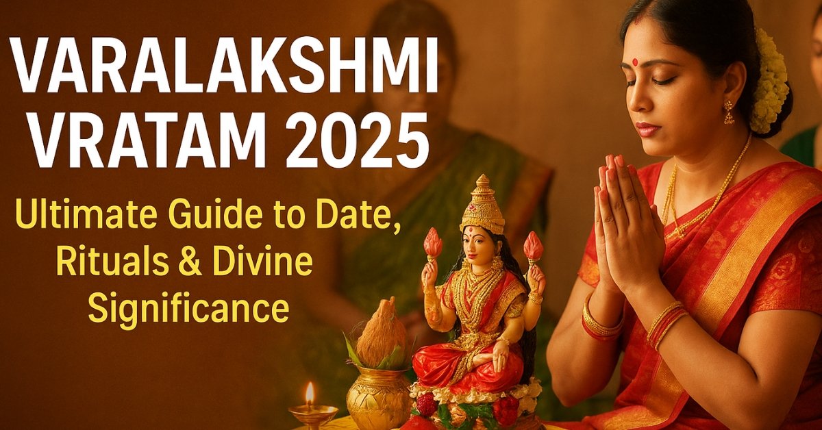 Devout Hindu woman performing Varalakshmi Vratam 2025 puja to Goddess Lakshmi with kalasha and offerings.