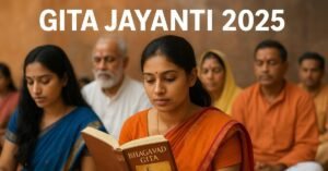 Devotees reading the Bhagavad Gita on Gita Jayanti 2025