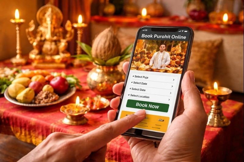 Book Purohits online with mobile booking interface and traditional pooja setup