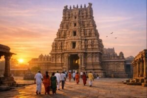 History Significance Vontimitta Temple – sunrise view of temple gopuram and pilgrims