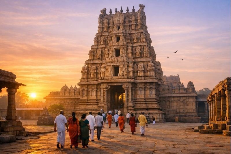 History Significance Vontimitta Temple – sunrise view of temple gopuram and pilgrims