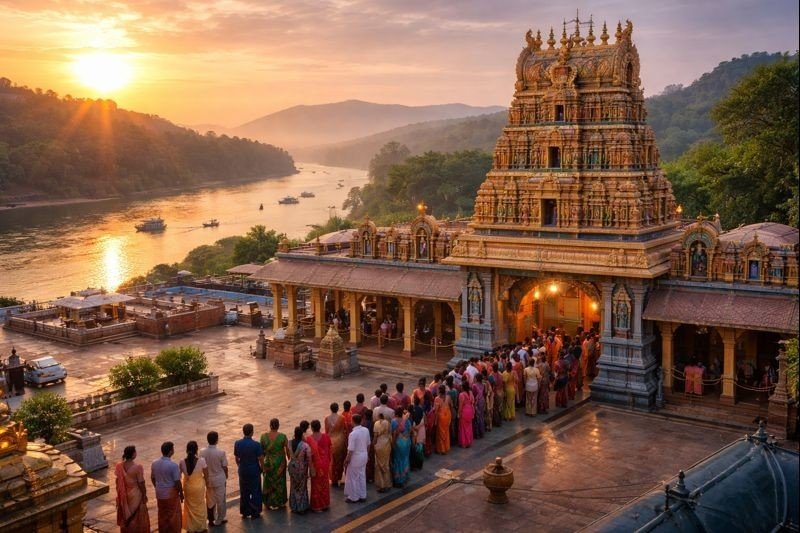 Significance Bhadrachalam Temple History at sunrise with pilgrims