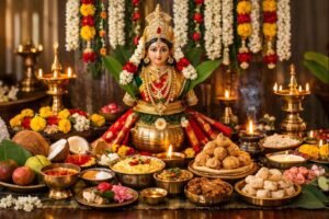 Https Srivyasapooja In Sri Varalakshmi Vratham Pooja Date 2021 setup with kalasha and offerings