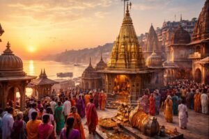 Shiva Temple 2025 guide showing Kashi Vishwanath Temple at sunrise.