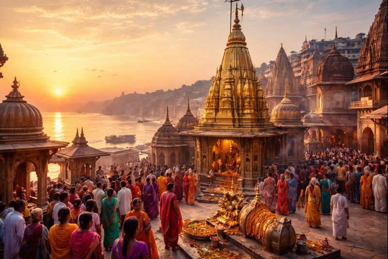 Shiva Temple 2025 guide showing Kashi Vishwanath Temple at sunrise.