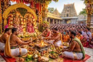 Dwaraka Tirumala Temple Kalyanam ceremony at sunrise with priests and devotees