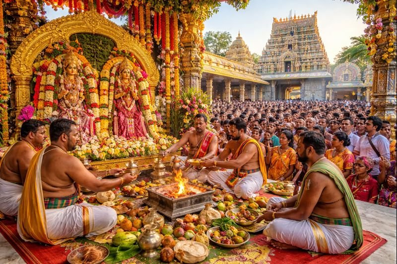 Dwaraka Tirumala Temple Kalyanam ceremony at sunrise with priests and devotees