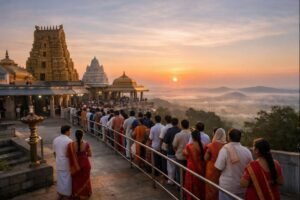 Dwaraka Tirumala Temple Timings with devotees visiting at sunrise