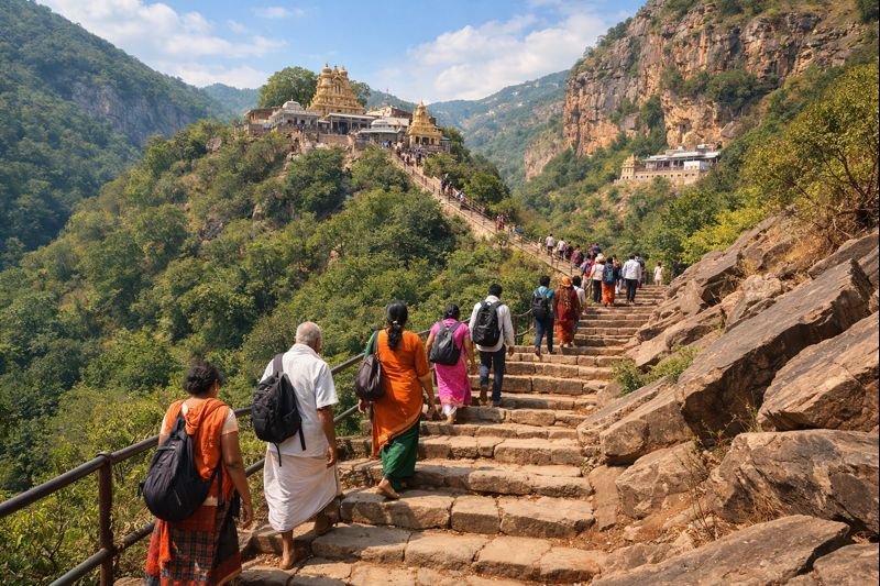 how many steps are there in ahobilam temple with pilgrims climbing scenic stone steps