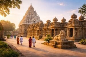 Kanchi Kailasanathar Temple Timings guide at sunrise with pilgrims visiting.