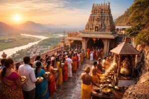 Mangalagiri Panakala Swamy Temple with devotees and Panakam offering.