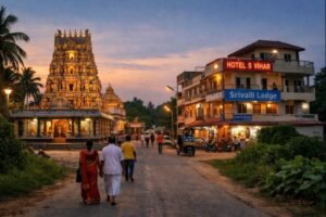 Mopidevi Temple Accommodation travel scene with lodging options.