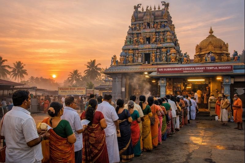 Mopidevi Temple Rahu Ketu Pooja Timings devotees at temple entrance.