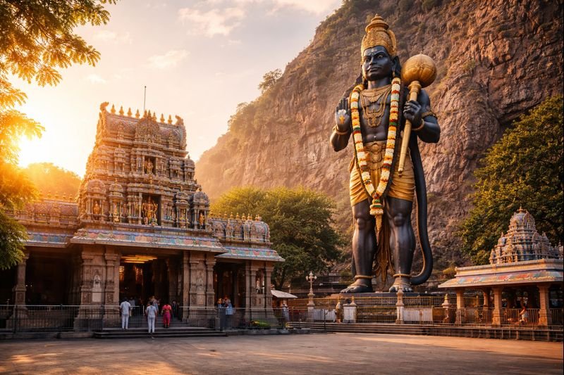 Namakkal Hanuman Temple Timings guide with temple and idol in morning light