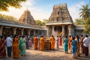 Narayanavanam Temple Seva List with devotees and temple background.