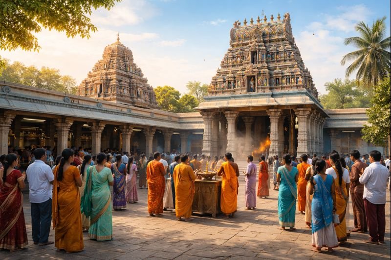 Narayanavanam Temple Seva List with devotees and temple background.