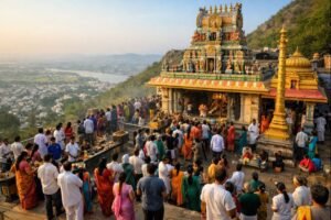Panakala Swamy Temple Darshan at Mangalagiri Hill with crowd and rituals.