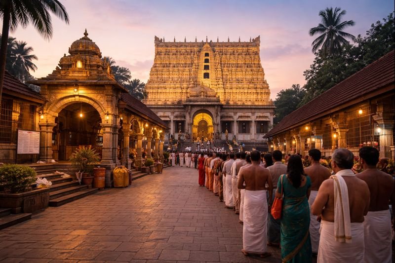 Pooja List Procedure Anantha Padmanabha Swamy Temple entrance scene.