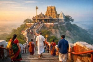 Pooja list procedure of Tiruttani Temple with temple hill view and devotees