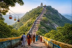 Sholingur Anjaneyar Temple Contact with temple hill and pilgrims.