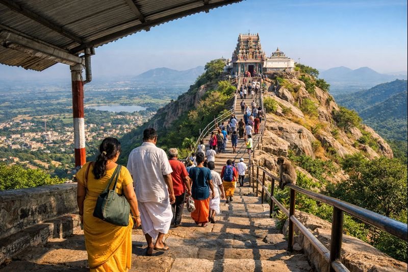 Sholingur Temple Online Darshan view of hill temple steps and pilgrims