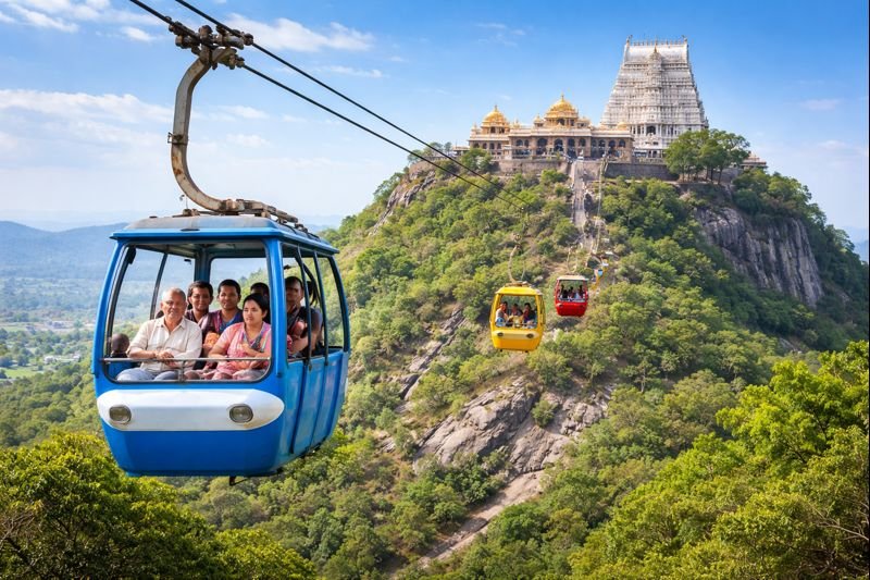 Sholingur Temple Rope Car ascending hill to temple