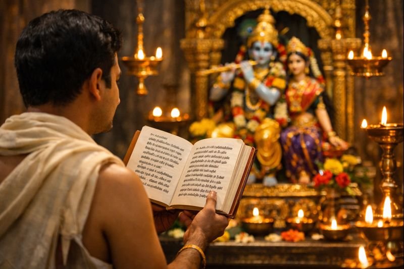 Sri Achyutastakam Telugu devotional hymn recitation scene