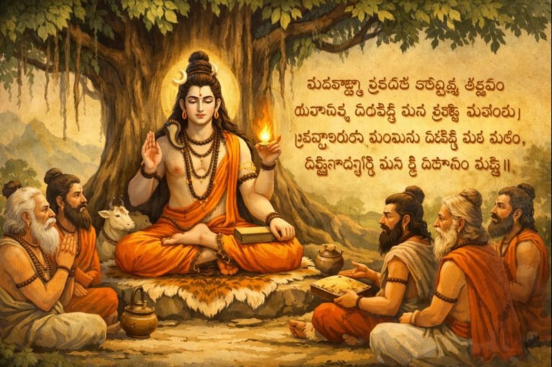 Sri Dakshina Murthy Stotram in Telugu with Lord Dakshinamurthy illustration