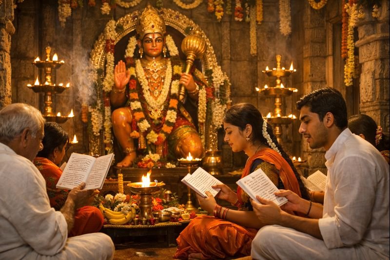 Sri Hanuman Kavacham Telugu being chanted in a temple setting