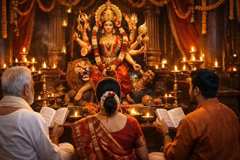 Sri Mahishasura Mardini Stotram devotional chanting scene