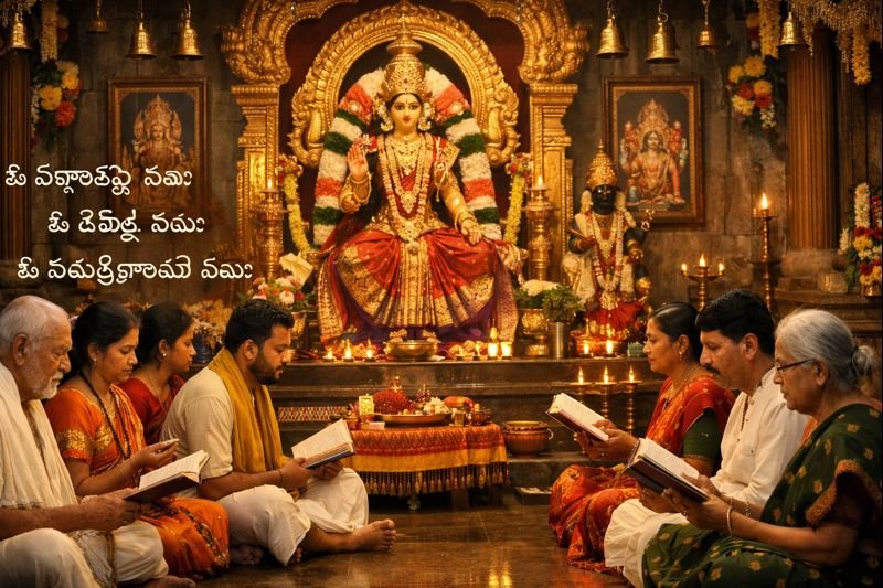 sri padmavathi ashtottara satanamavali in telugu lyrics with devotees in a temple setting