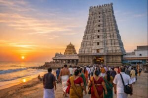 Tiruchendur Subramanya Swamy Temple at sunrise with pilgrims