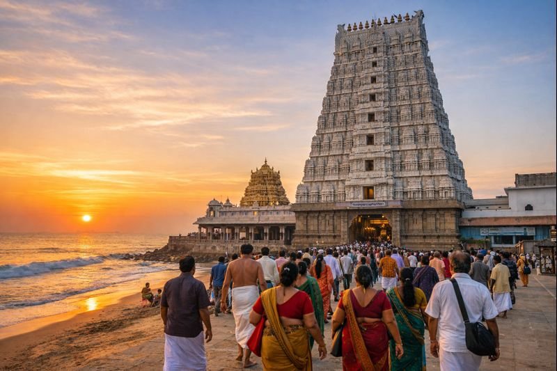 Tiruchendur Subramanya Swamy Temple at sunrise with pilgrims