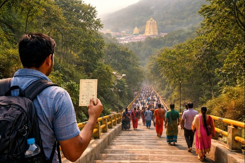 Tirumala Footpath Darshan Tickets Availability pilgrims on footpath to Tirumala Temple.