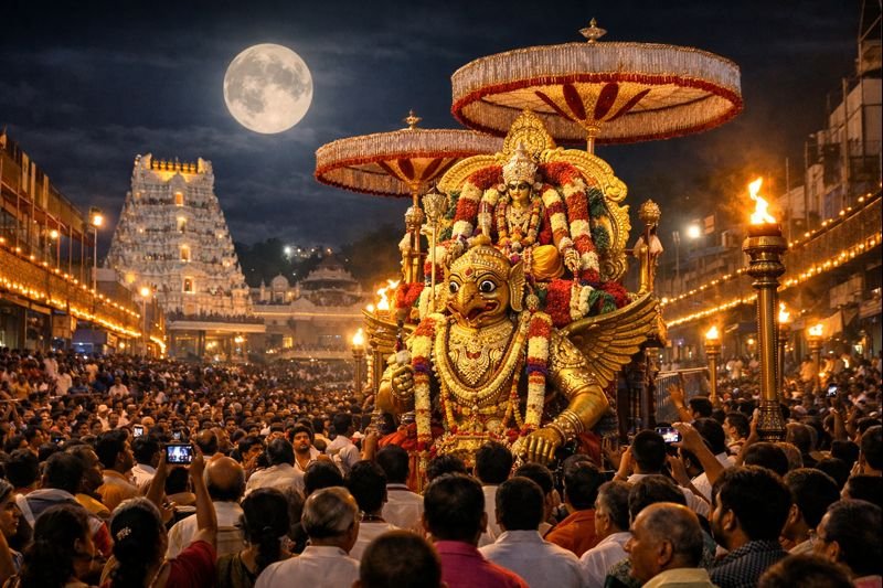 Tirumala Pournami Garuda Seva procession under full moon