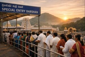Tirumala Rs 300 darshan tickets booking procedure scene outside Venkateswara Temple