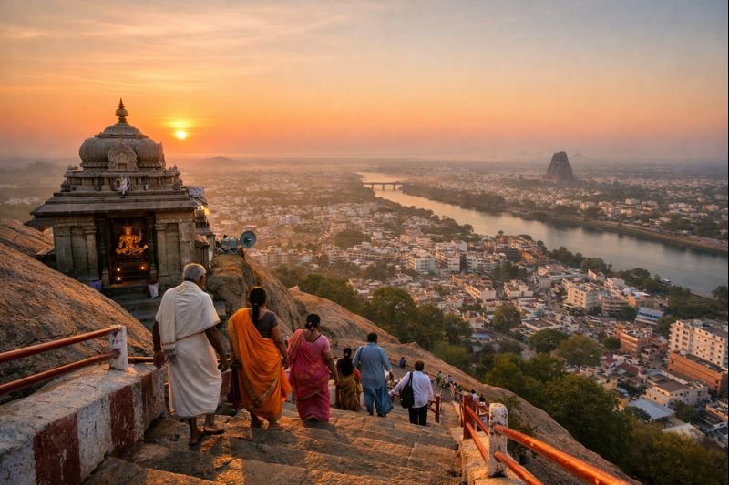 Uchi Pillayar Kovil Temple hilltop view at sunrise