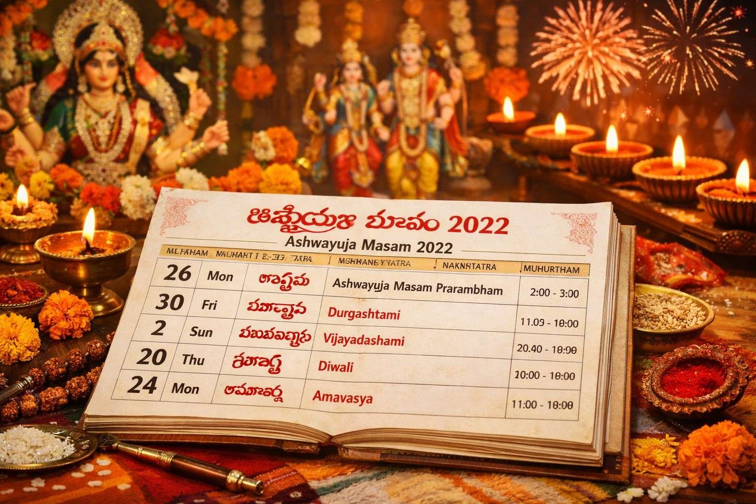 Ashwayuja Masam 2022 Muhurtham detailed Telugu Panchangam