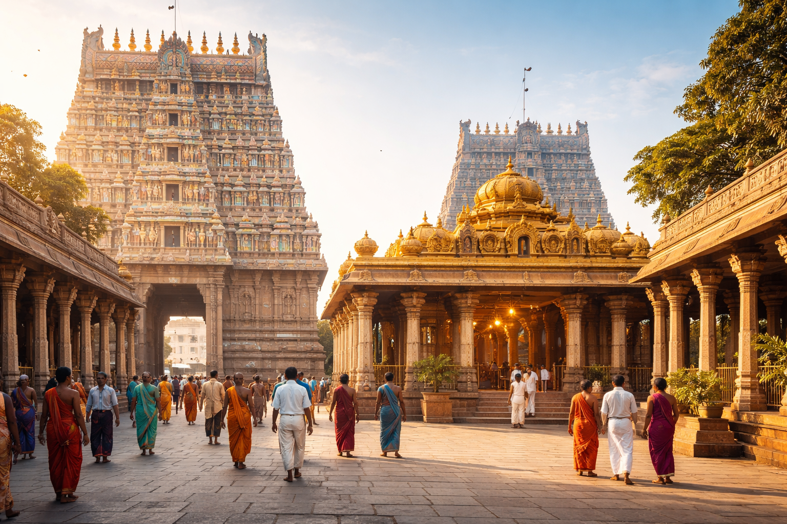 Chidambaram Nataraja Temple Darshan scene with devotees and temple gopuram.