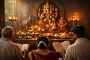 "Jaya Skanda Stotram Telugu devotional scene with temple altar"