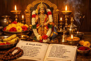 Sri Kumara Kavacham In Telugu Lyrics devotional scene.