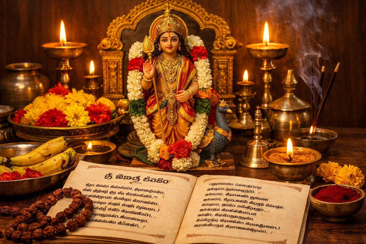 Sri Kumara Kavacham In Telugu Lyrics devotional scene.