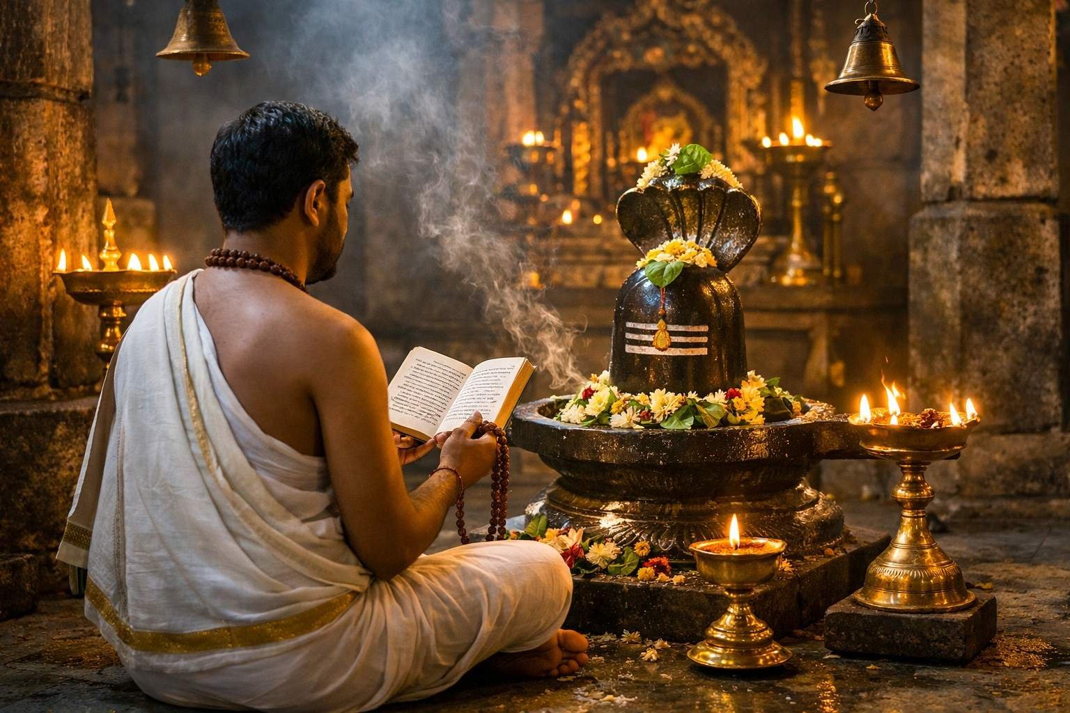 Sri Mrityunjaya Aksharamala Stotram Telugu chanting before Shiva Lingam