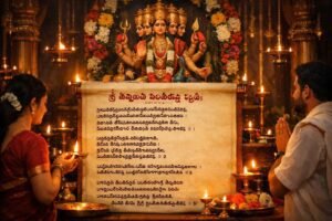 Sri Shanmukha Pancharatna Stuti in Telugu lyrics on temple altar.