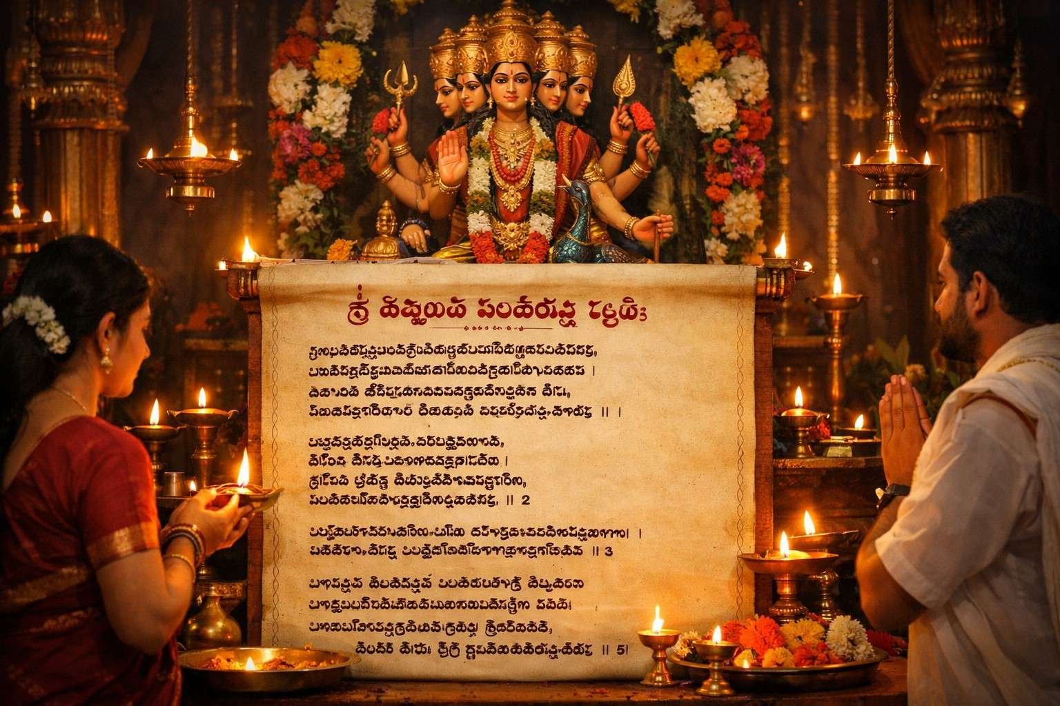 Sri Shanmukha Pancharatna Stuti in Telugu lyrics on temple altar.